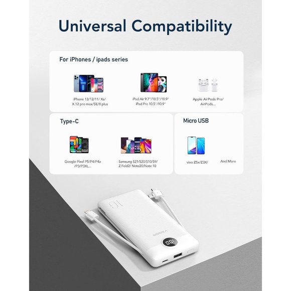 Power Bank for iPhone Built in Cables Fast Charging USB C Slim 10000 - Picture 6 of 9